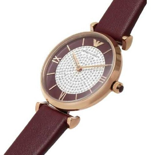 Emporio Armani Gianni T Bar Crystals Maroon Dial Maroon Leather Strap Watch for Women - AR11487 - Image 4